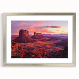 Silver-framed landscape artwork of canyons, featuring a mat border, showcasing vibrant colors and intricate details, perfect for home decor.