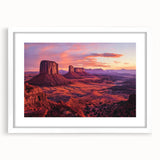 Landscape art print of canyons in a white frame with a mat, showcasing vibrant colors and intricate details, ideal for home decor or office spaces.