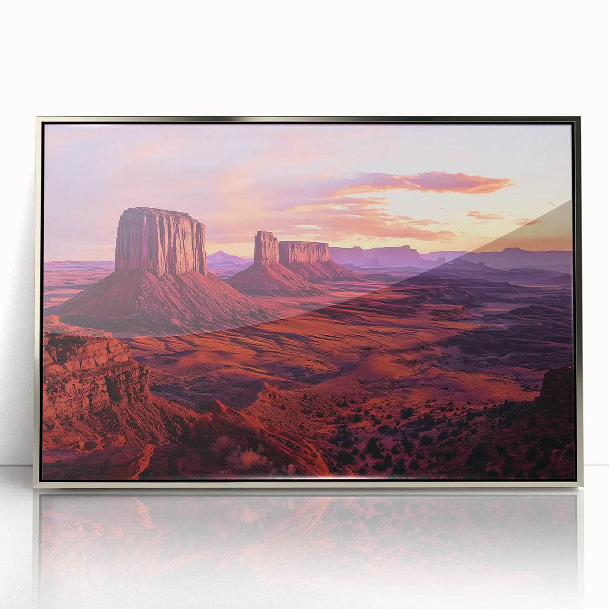 Framed acrylic artwork showcasing a stunning landscape of canyons in silver tones, with a sleek modern design, perfect for enhancing contemporary home decor.