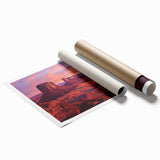 Landscape print showcasing vibrant canyons in rich earth tones, rolled and ready for display, perfect for enhancing home or office décor.