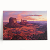 Stretched canvas artwork depicting a breathtaking landscape of canyons at sunset, showcasing vibrant orange and purple hues with detailed textures, ideal for home decor.