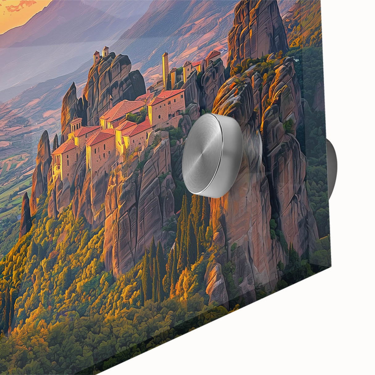 Close-up of a vibrant acrylic painting depicting a serene countryside landscape with rolling hills and a clear blue sky, showcasing rich greens and warm earth tones. Ideal for nature lovers and home decor enthusiasts.