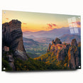 Vibrant acrylic landscape artwork showcasing a serene countryside scene, displayed in a glass frame with black pins for a modern touch. Perfect for home decor.