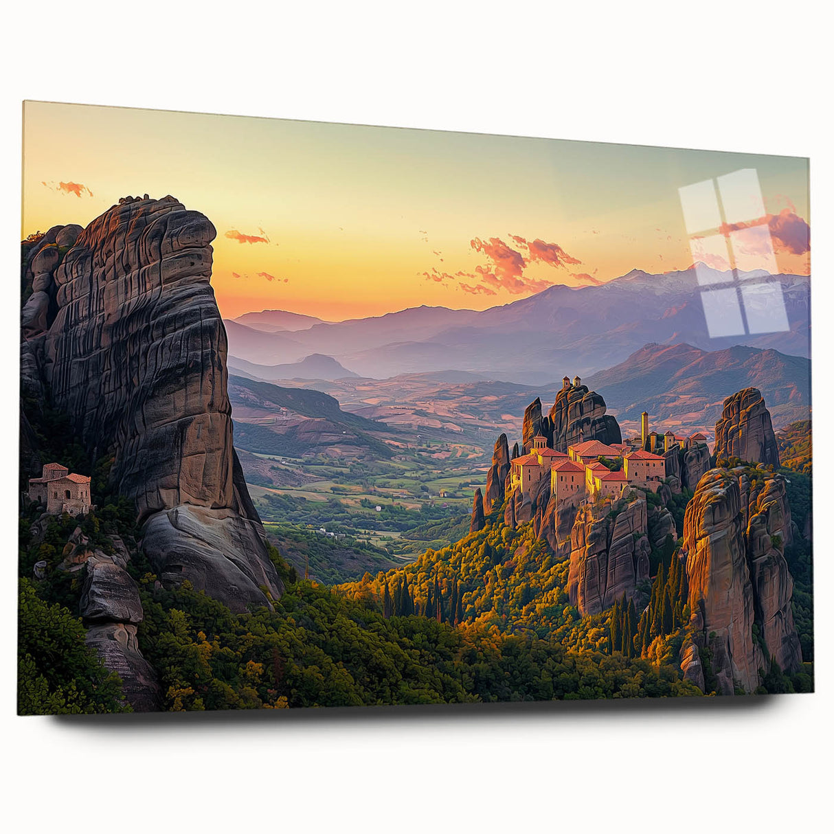 Acrylic landscape art piece showcasing a serene countryside scene with vibrant greens and soft blues, displayed in a side view without pins, ideal for home decor.