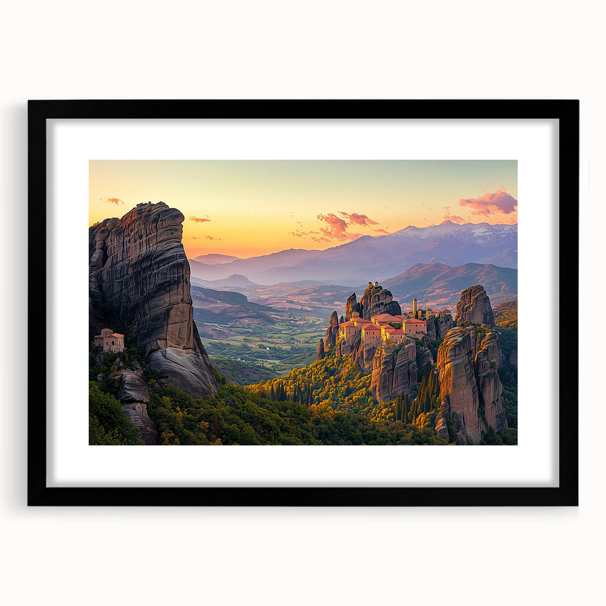 Black-framed landscape artwork featuring a picturesque countryside scene with a white mat, designed to enhance home decor and evoke tranquility.