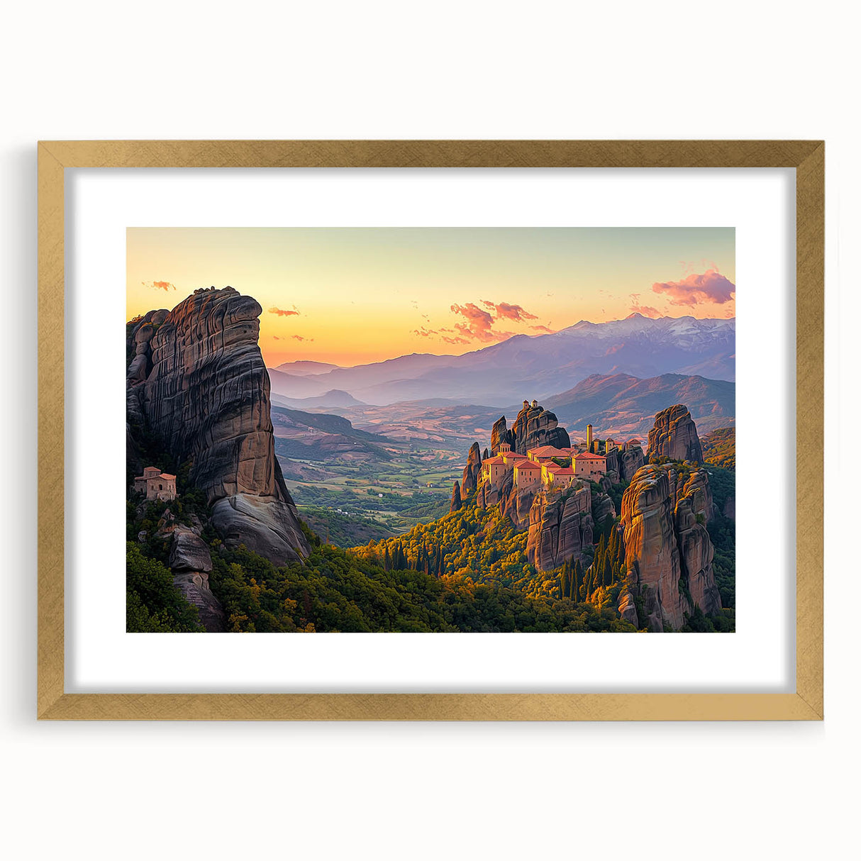 Framed landscape artwork depicting a serene countryside scene, featuring a golden mat and ornate frame, ideal for enhancing home décor with natural beauty.
