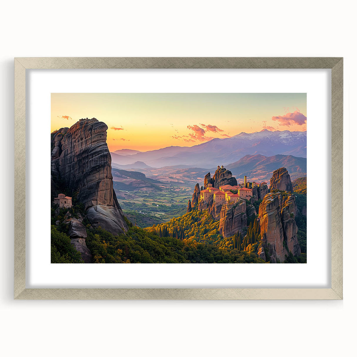 Framed countryside landscape artwork with a silver mat, showcasing vibrant colors and serene scenery, ideal for home decor in living spaces.