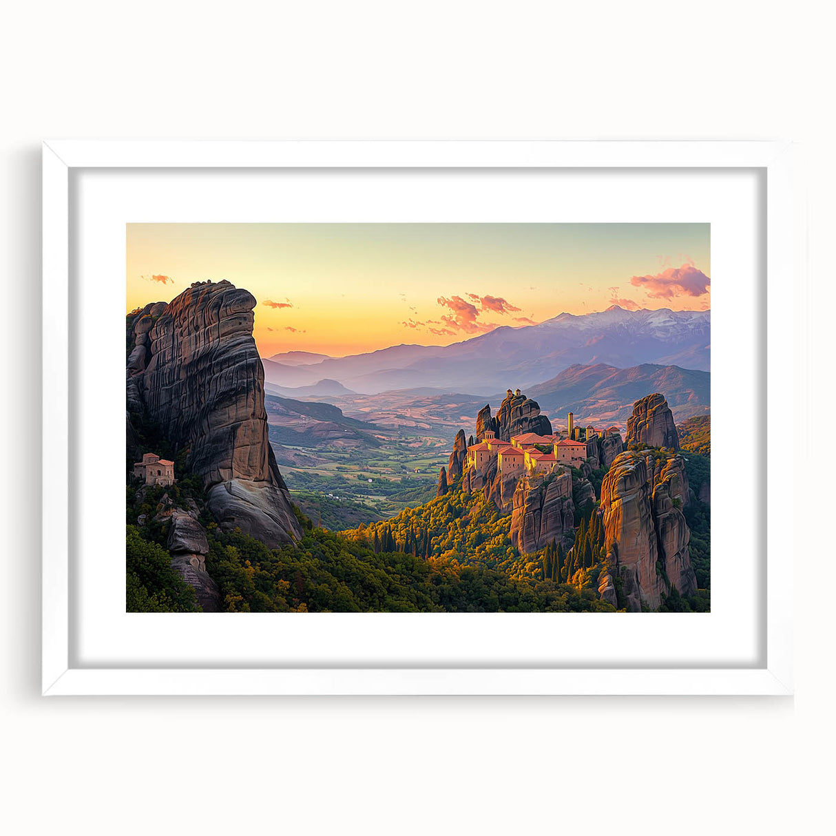 Framed landscape artwork depicting a serene countryside scene, featuring lush greenery and a clear sky, with a white mat for a polished presentation, ideal for home decor.