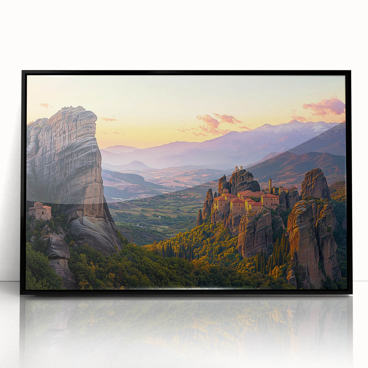 Framed acrylic print of a picturesque countryside landscape with vibrant green fields and a clear blue sky, showcasing a black frame that enhances the artwork's elegance. Perfect for home decor enthusiasts seeking nature-inspired wall art.