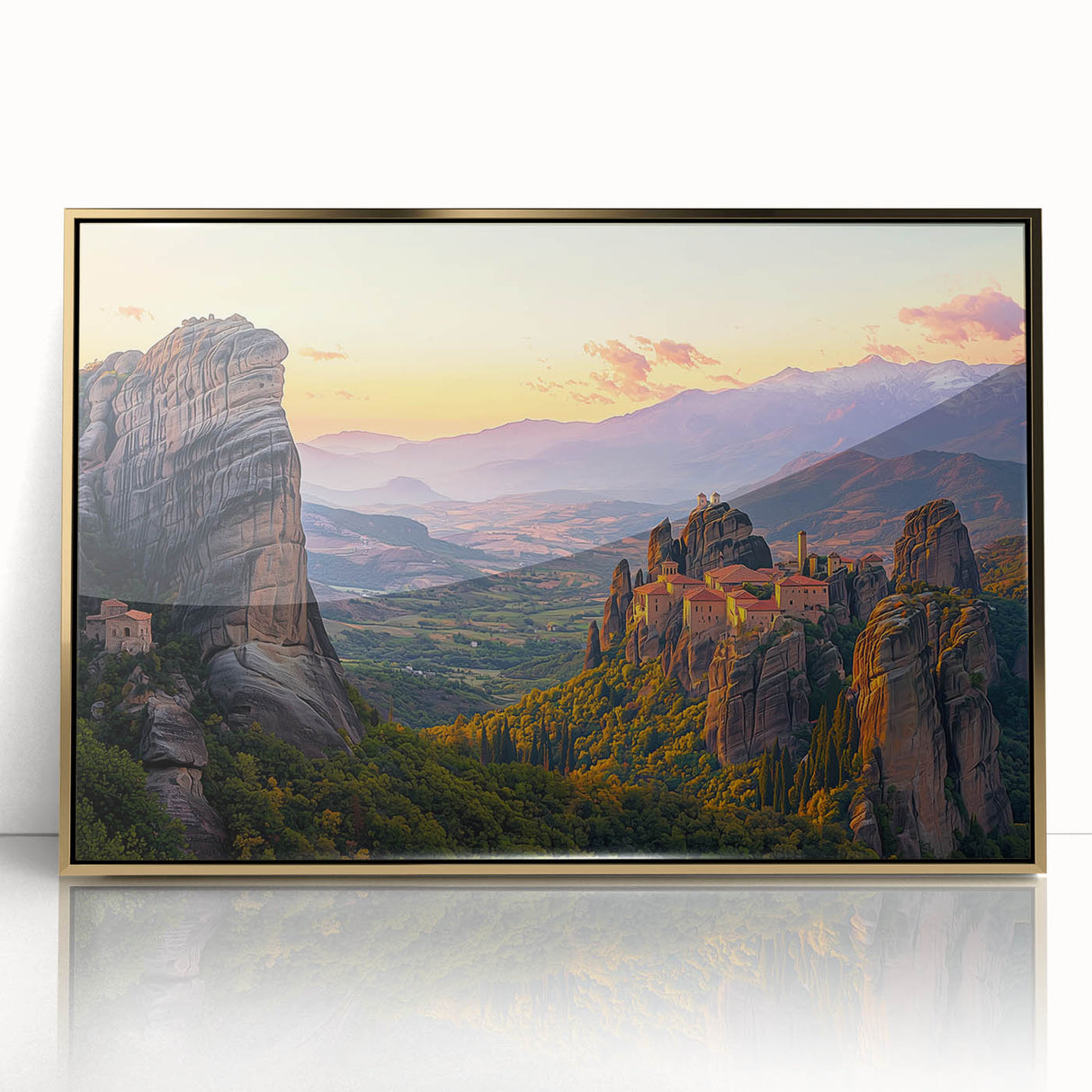 Framed acrylic print showcasing a serene countryside landscape with rolling hills and vibrant greenery, accented by a luxurious gold frame, perfect for home decor.