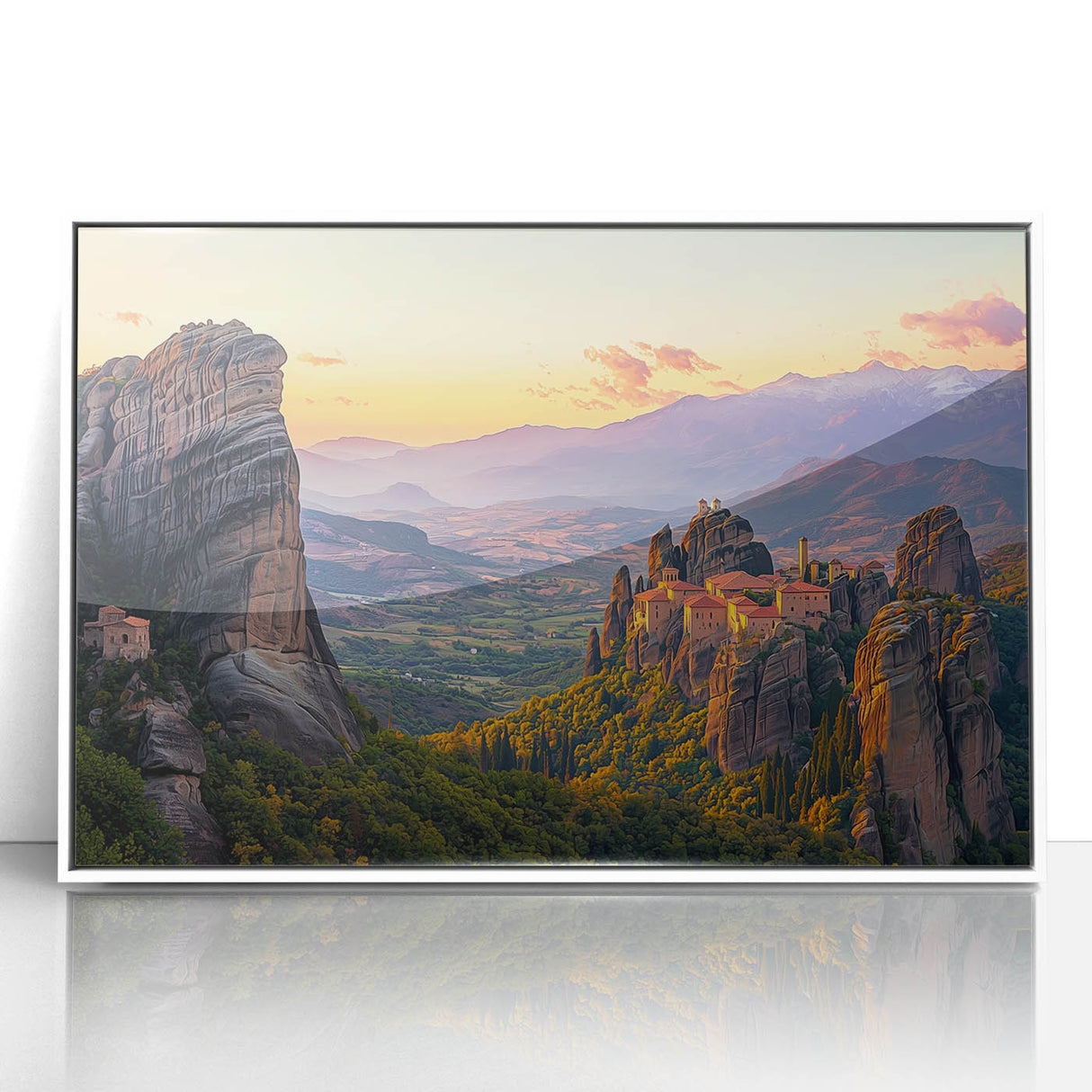 Framed acrylic print of a serene countryside landscape, showcasing lush green fields and a clear blue sky, presented in a sleek white frame for modern decor.