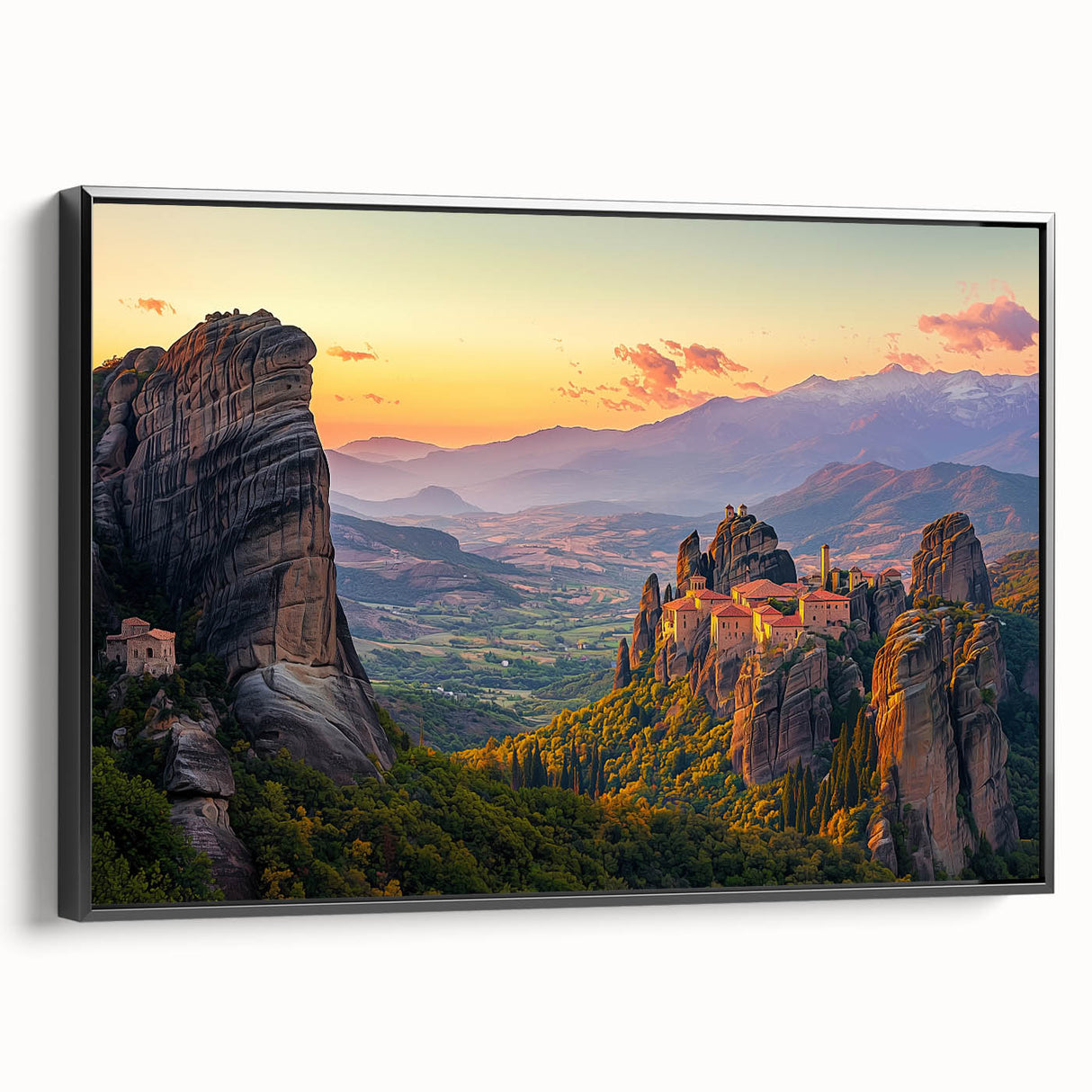 Framed canvas artwork depicting a serene countryside landscape with vibrant green fields and a blue sky, showcased in a sleek black frame, ideal for home decor.