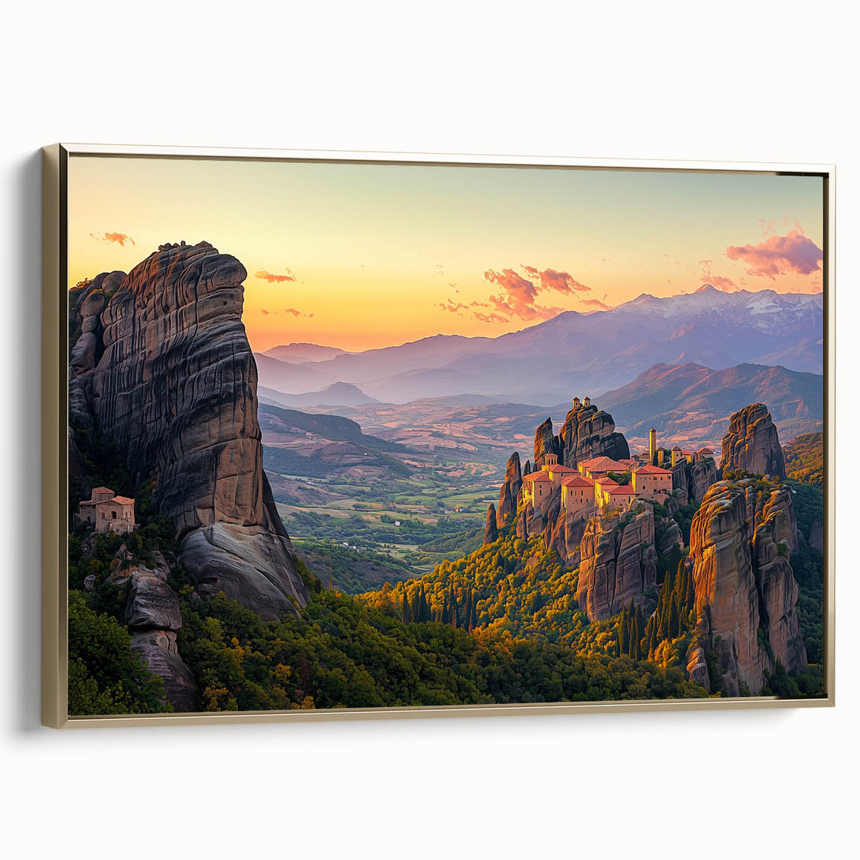 Framed canvas art depicting a picturesque countryside landscape in rich colors with a gold frame, ideal for home decor to create a serene ambiance.