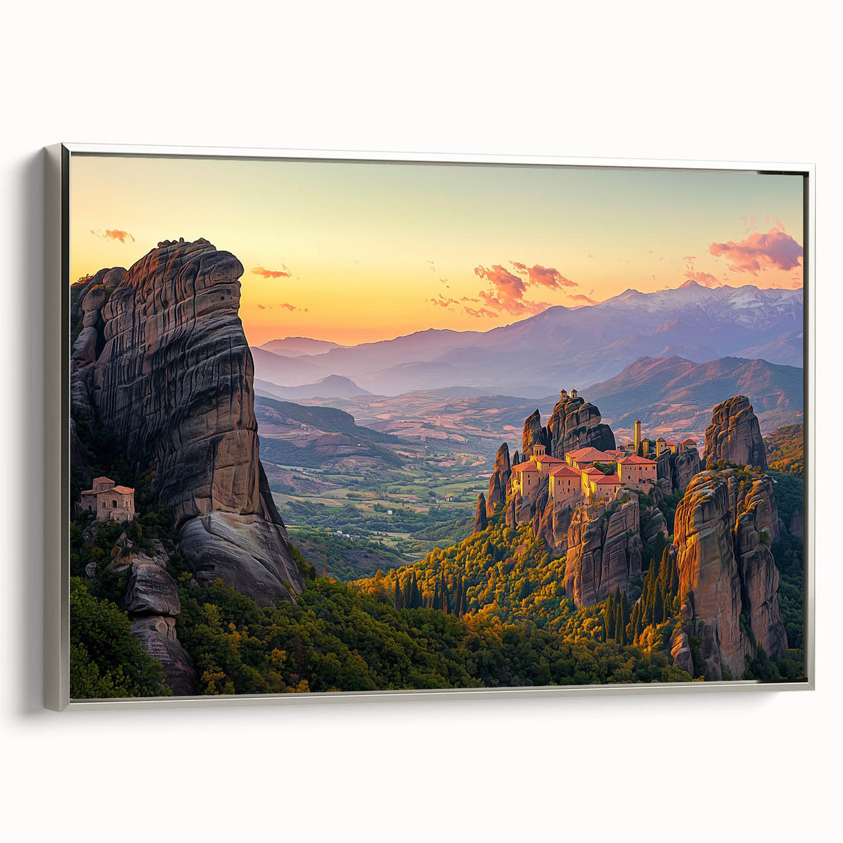 Framed canvas artwork showcasing a serene countryside landscape with vibrant colors and intricate details, set in a sleek silver frame, perfect for home decor.