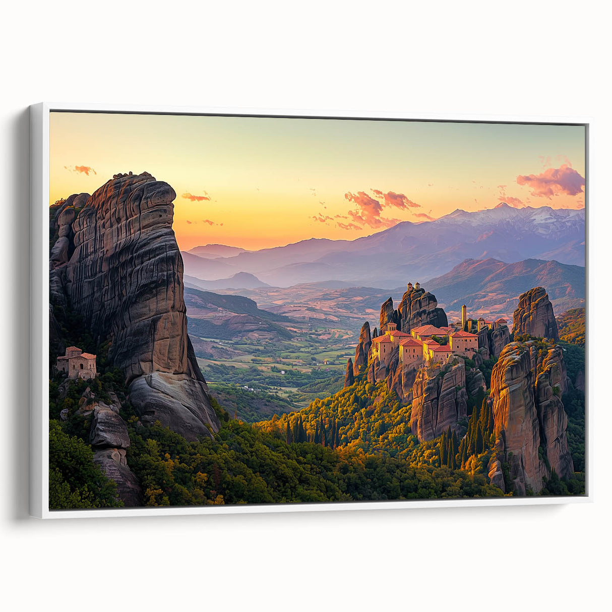 Framed canvas artwork depicting a serene countryside landscape with vibrant green fields and a bright blue sky, showcasing a white frame from a side view. Perfect for home decor enthusiasts seeking a nature-inspired aesthetic.