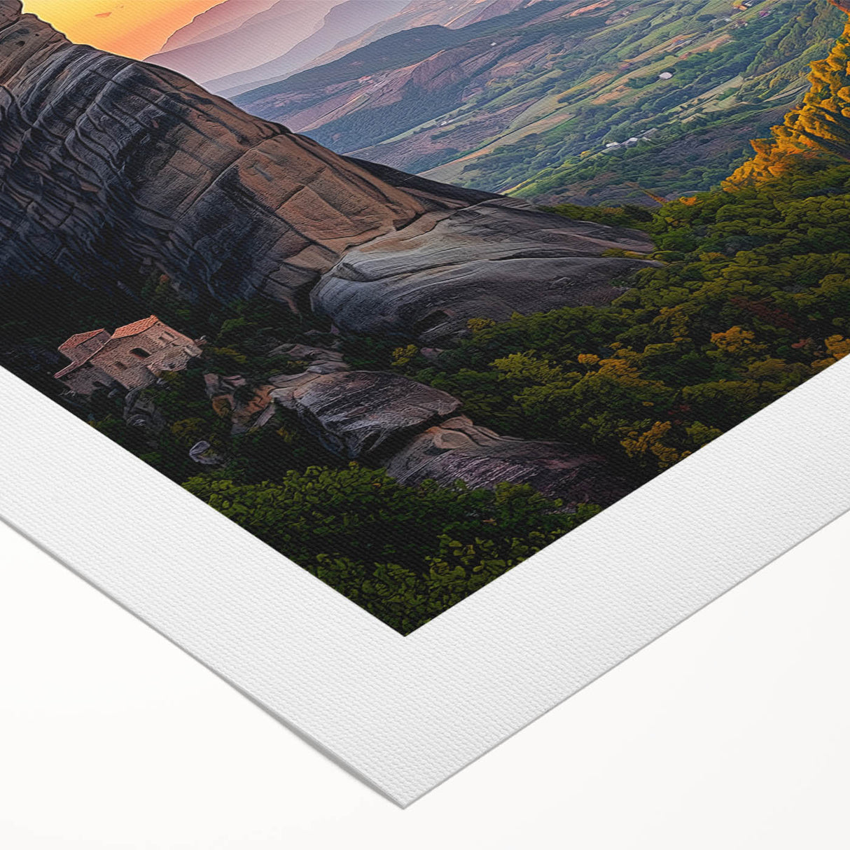 Rolled canvas print depicting a serene countryside landscape with rolling hills and vibrant greenery, elegantly packaged in a protective cardboard tube for safe delivery.