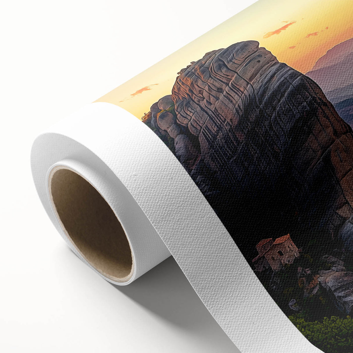 Rolled canvas showcasing a picturesque countryside landscape design, featuring vibrant greens and soft blues, beautifully packaged in a protective cardboard tube for easy display and transport.