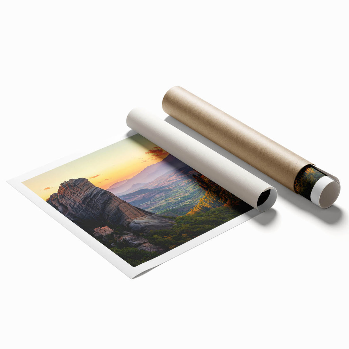 Rolled print showcasing a serene countryside landscape with lush green fields and a vibrant blue sky, elegantly packaged in a protective cardboard tube for safe delivery.