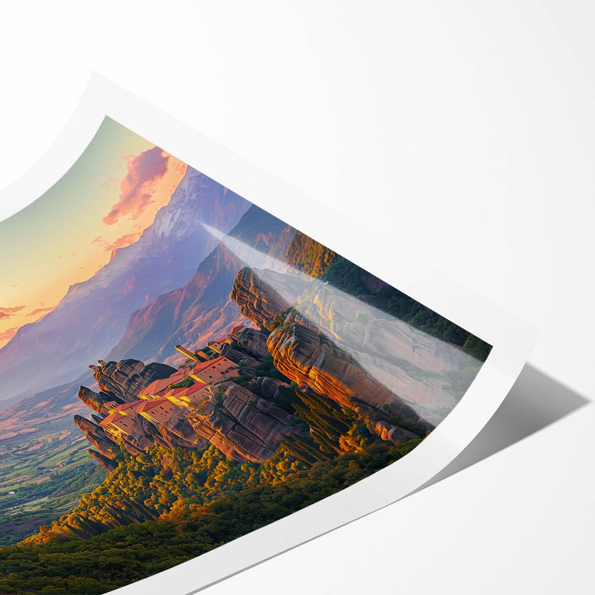 Rolled print showcasing a picturesque countryside landscape with vibrant green fields and a serene sky, packaged securely in a durable cardboard tube for easy transport.