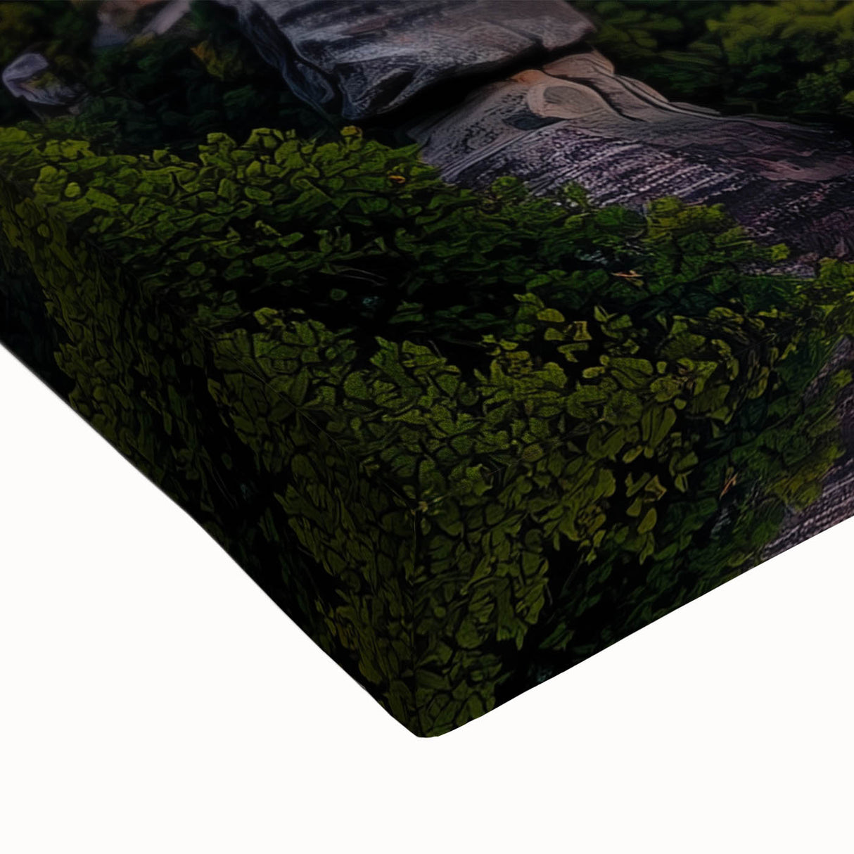 Close-up of a stretched canvas showcasing a vibrant countryside landscape design, featuring rolling hills, lush greenery, and a colorful sky, perfect for home decor.