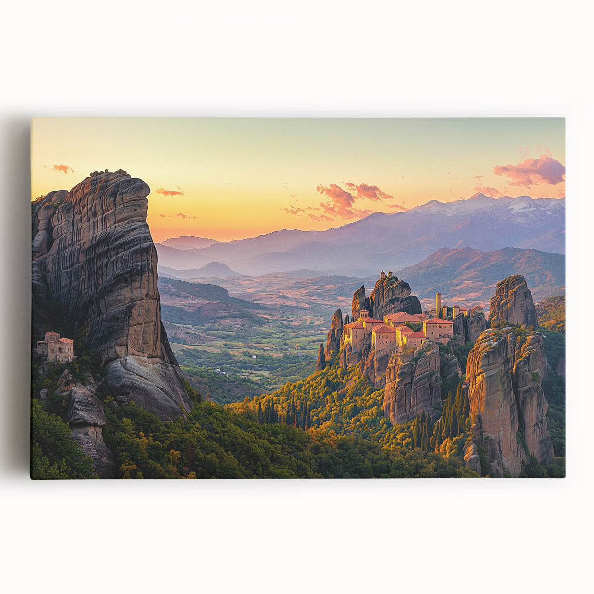 Stretched canvas artwork depicting a serene countryside landscape with rolling hills and vibrant greenery, ideal for home decor and nature enthusiasts.
