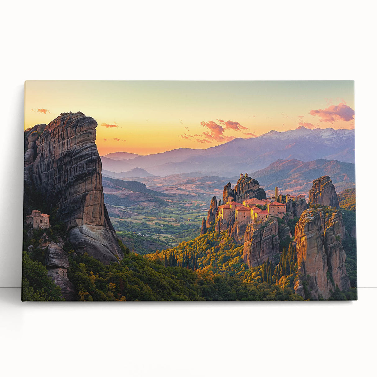 Stretched canvas artwork depicting a serene countryside landscape with rolling hills and vibrant greenery, leaning against a rustic wooden wall, perfect for home decor.