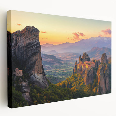Stretched canvas artwork depicting a serene countryside landscape with rolling hills and vibrant greenery, viewed from the side, ideal for home decor.