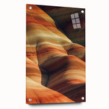 Acrylic glass artwork showcasing a vibrant desert landscape design, displayed from a side view with decorative pins, emphasizing the intricate details and colors.