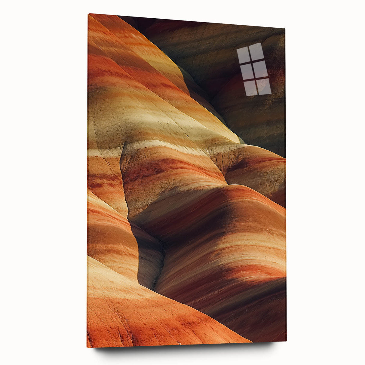 Acrylic glass artwork showcasing a vibrant desert landscape design, highlighting rich colors and intricate details, presented in a sleek side view without pins. Perfect for modern decor enthusiasts.