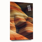 Acrylic glass artwork showcasing a vibrant desert landscape design, highlighting rich colors and intricate details, presented in a sleek side view without pins. Perfect for modern decor enthusiasts.