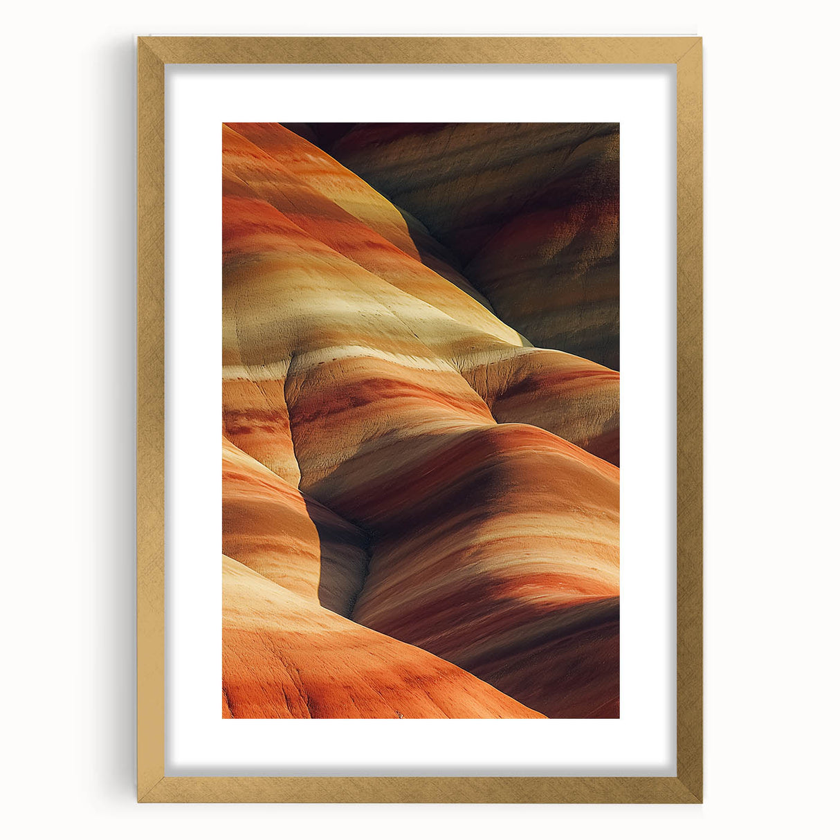 Framed desert landscape artwork featuring a golden mat, showcasing vibrant colors and intricate details, perfect for enhancing living spaces or offices.
