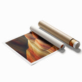 Desert landscape rolled canvas print showcasing vibrant orange and yellow hues, featuring abstract patterns and textures, elegantly packaged in a protective tube.