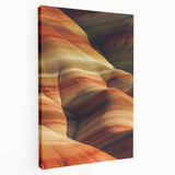 Desert landscape stretched canvas artwork showcasing vibrant orange and yellow hues, featuring rolling sand dunes under a clear blue sky, ideal for home decor.