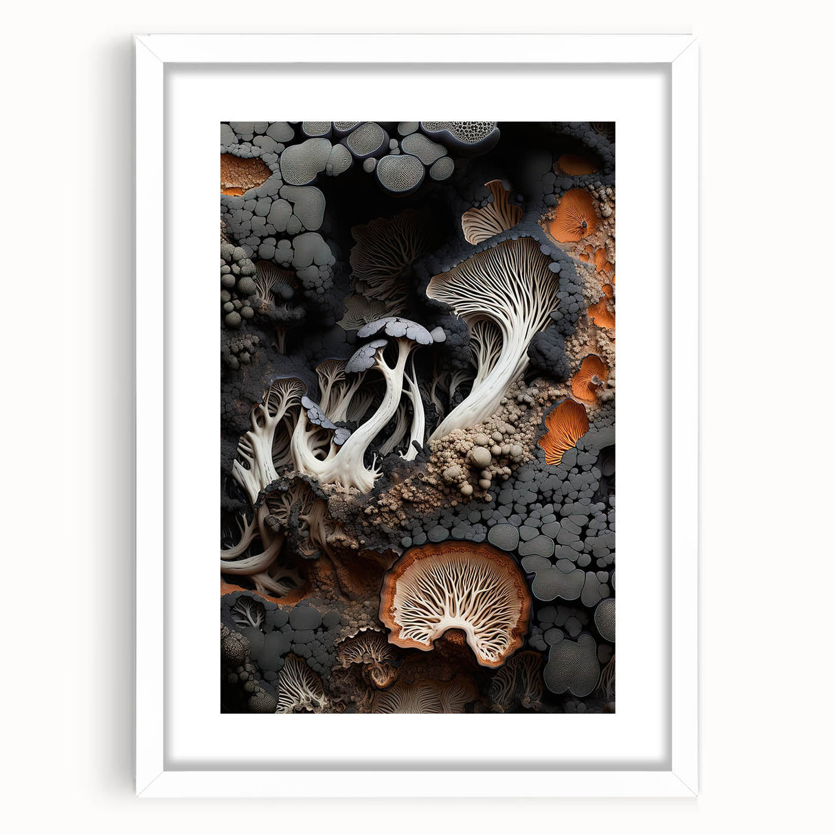 Abstract art print featuring close-up natural elements in muted earth tones, framed with a white mat.