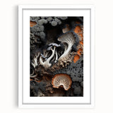 Abstract art print featuring close-up natural elements in muted earth tones, framed with a white mat.