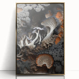 Large art print of natural elements in gold hues on acrylic, framed, in mid-century modernist style.