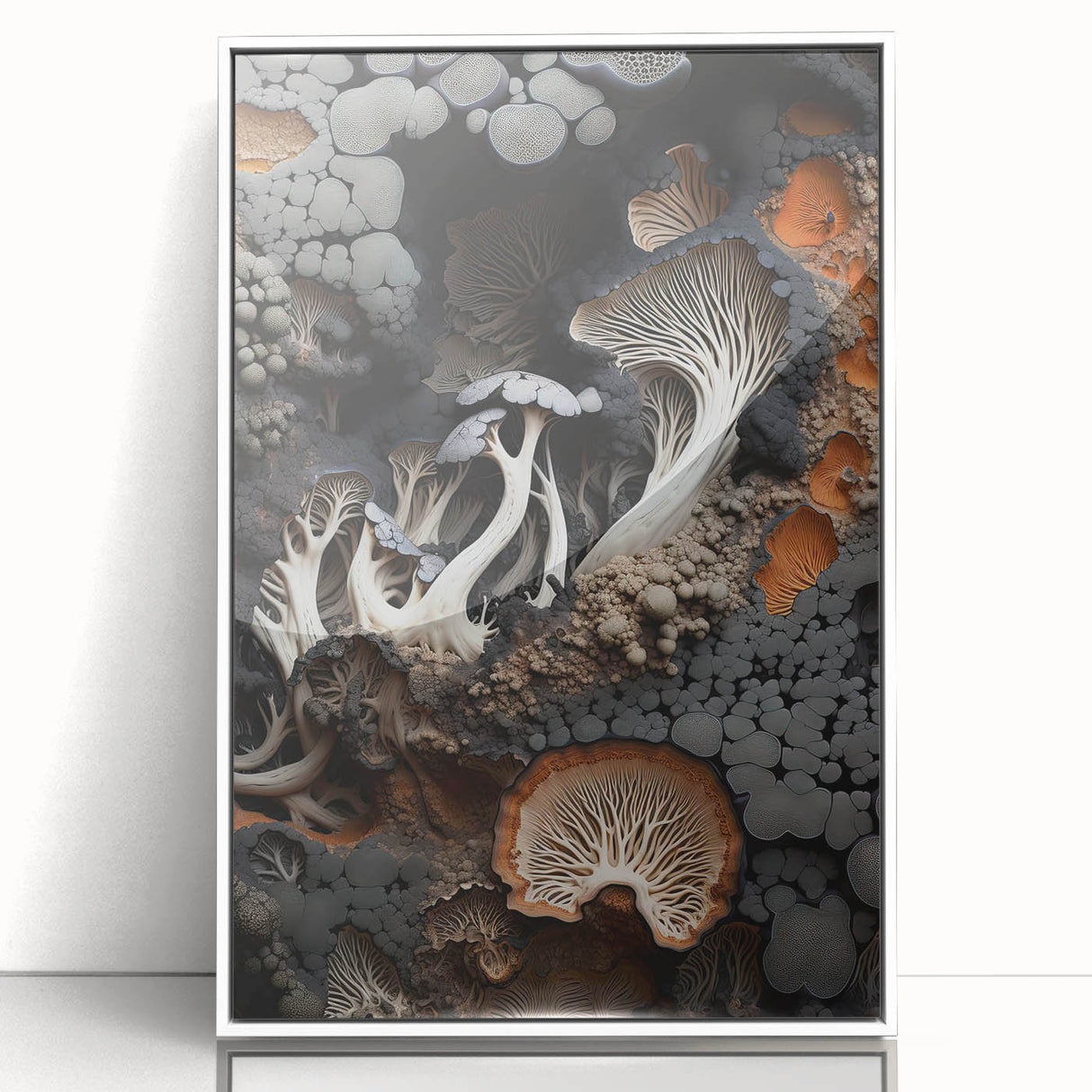 Art deco poster featuring close-up natural elements in muted green and white tones, acrylic print framed in white.