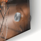 Large abstract wall art in warm autumn hues on acrylic glass, ideal for dining room ambiance.
