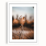 Abstract art print featuring swirling autumn colors on a white framed canvas, suitable for bedroom or dining room decor.