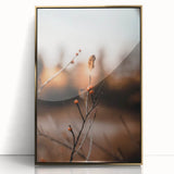 Large art print of a mid-century modernist fall scene in muted gold and brown tones, framed acrylic.