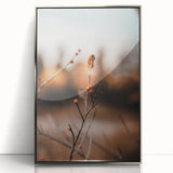 Mid-century modernist art depicting an abstract autumn scene in warm orange and brown tones on a framed acrylic print.