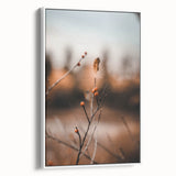 Vintage poster art of an autumnal scene on a framed canvas, featuring a palette of orange and brown.