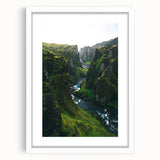 Abstract art print of spring season in muted green and yellow tones on a white framed canvas.