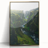 Large art print of a mid-century modernist spring scene in vibrant greens and golds on framed acrylic.