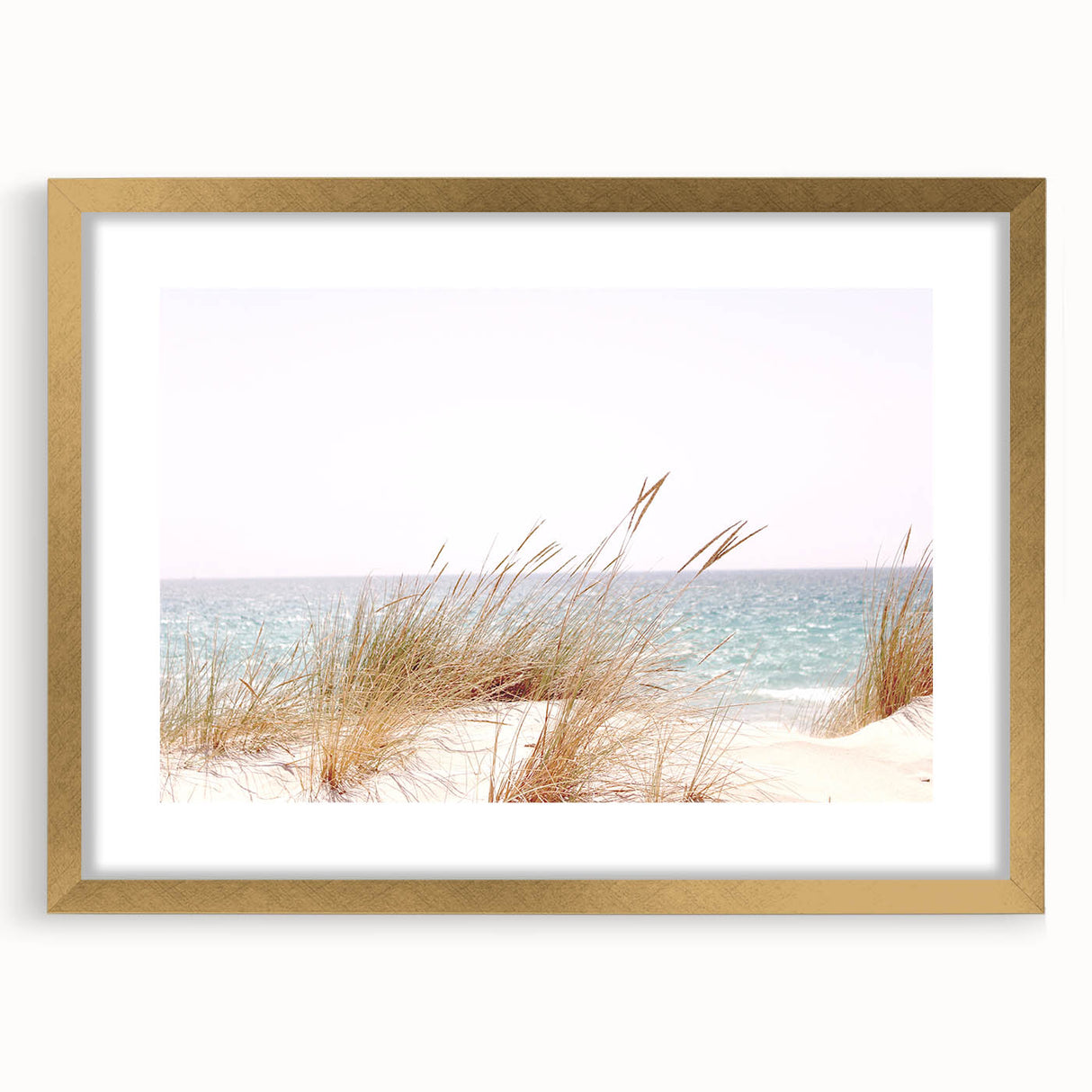 Extra large abstract art print with textured design in vibrant summer hues, framed in gold, ideal for living room decor.