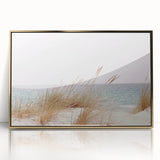 Mid-century modernist art featuring a stylized summer scene in gold and orange tones on a framed acrylic print.