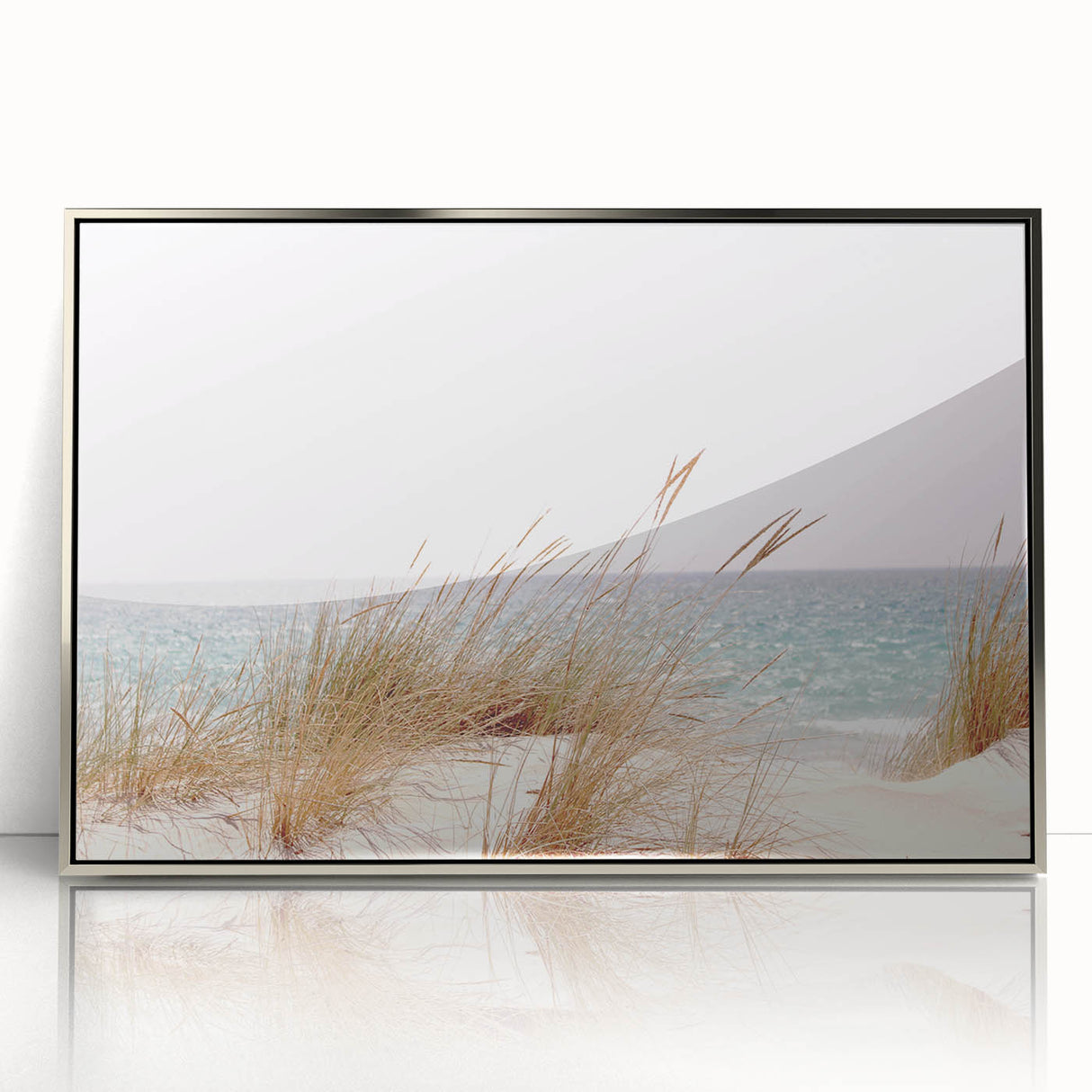 Mid-century modernist art depicting summer season in vibrant colors on a silver-framed acrylic print.