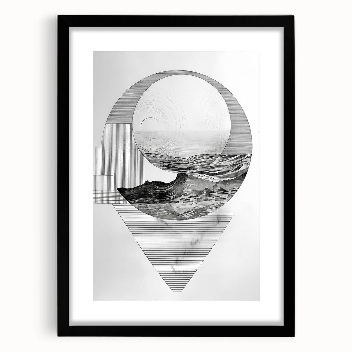 Mid Century Modern Geometric Art - Black and White Abstract Ocean Design