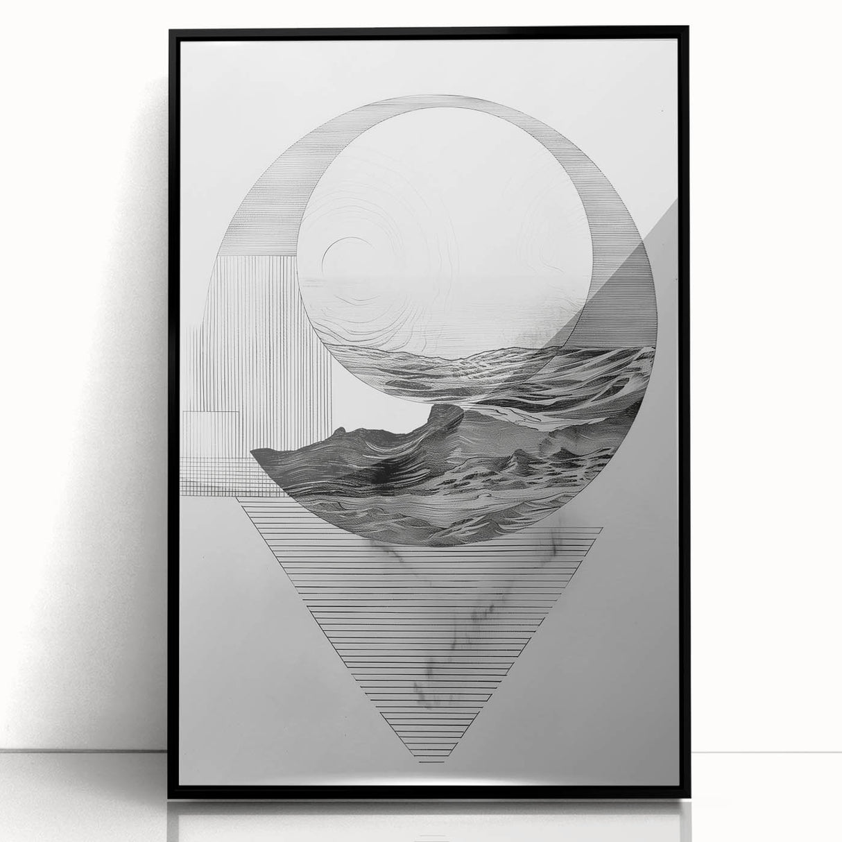 Mid Century Modern Geometric Art - Black and White Abstract Ocean Design