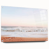 Large abstract wall art in vibrant orange and blue tones on acrylic glass, suitable for bedroom or dining room decor.